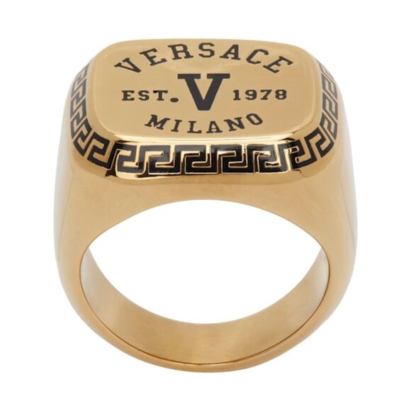 VERSACE Varsity Logo Ring – Gold Finish – Size 27 (US 11.5) – NIB - Picture 1 of 8